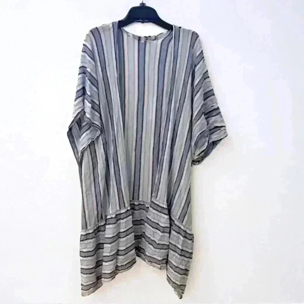 Blue Island Open Front Longline Swimsuit Cover‎ Up with Metallic Stripes